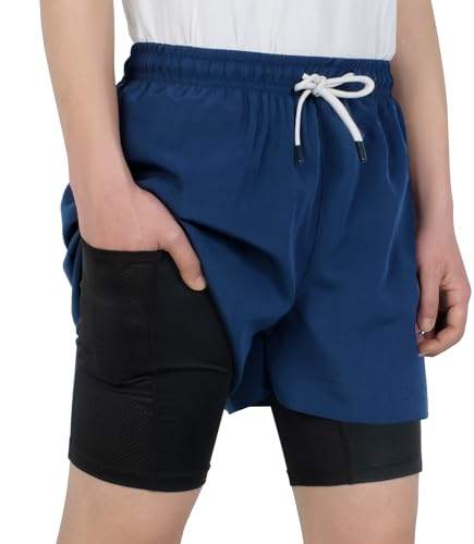 LAUSONS Pantalones Cortos Niño 2 en 1 Running Shorts Ligeros de Secado Rápido Pantalón Corto Deportivo para Correr Unisex niños con Compresión Interna y 2 Bolsillos Azul Marino 160/12-13 Años