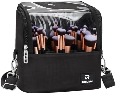 Makeup Brush Case Stand-up Makeup Cup Makeup Brush Holder Travel Professional Cosmetic Bag Artist Storage Bag with Shoulder Strap and Adjustable Divider (large black), 01-Black, 01-Large, Makeup Brush