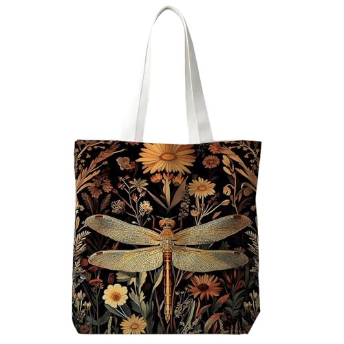 JINYO Vintage Moody Floral Dragonfly Canvas Tote Bag for Women, Cottagecore Nature Botanical Wildflower Dragonfly Canvas Tote Bag Gifts for Themed Lovers, 15x15 Inch