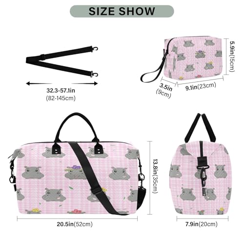 Large Foldable Travel Duffel Bag, Waterproof Gym Bag for Men & Women, Carry-On Luggage Weekender Overnight Bag, Hippos Checkered Pink3