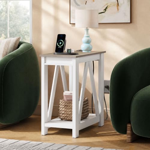 Image of WLIVE Narrow End Table with Charging Station Farmhouse Side Table Slim | 2 AC Outlets + 2 USB Ports; Sturdy A-Shaped Frame; 55 Lbs Capacity; 2 Tier Storage Shelves; Non Slip Pads; Easy Assembly