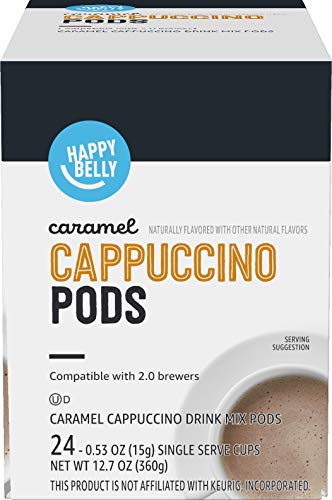 Amazon Brand - Happy Belly Cappuccino Coffee Pods Compatible With K Cup Brewers, Light Roast, Caramel Flavored, 24 Count, 12.72 ounce (Pack of 1)