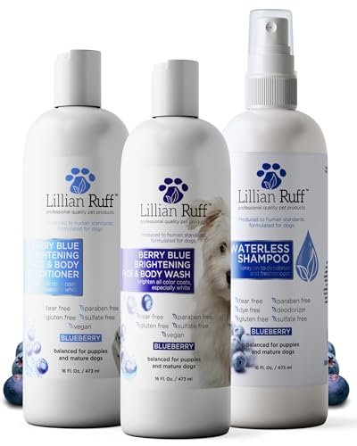 Lillian Ruff PRO Formula Berry Blue Brilliance Bundle - Ultimate Tear Stain & Odor Eliminator Set Includes Berry Blue Shampoo Conditioner & Waterless Shampoo Hydrate Soften & Detangle USA Made
