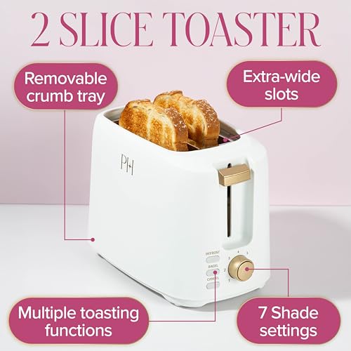 Paris Hilton 2-Slice Toaster, Extra-Wide Slots, 7 Browning Settings, Bagel & Defrost Functions, Removable Crumb Tray, White - Thumbnail 6