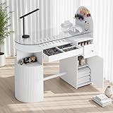 HolaiNail Manicure Table Nail Station with Tempered Glass Top, Professional Nail Tech Desk with Storage Cabinet & Drawer, Acetone Resistant, for Nail Beauty Salon Workstation(White)