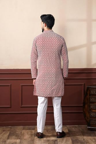 Image of LookMark Men's Printed Silk Blend Kurta with Mandarin Collar, Full Sleeves, Straight Fit Traditional Ethnic Wear