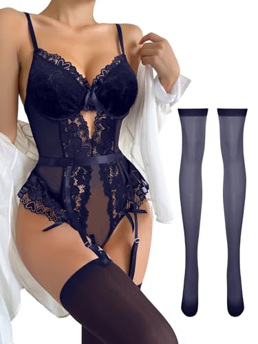 Image of Lilosy Sexy Stocking Lace Mesh Bodysuit Top Underwire Garter Lingerie Set 3 Piece