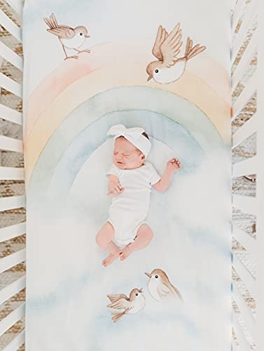 Rookie Humans 100% Cotton Sateen Fitted Crib Sheet: Rainbow And Birds. Modern Nursery, Use As A Photo Background For Your Baby Pictures. Standard Crib Size (52 X 28 Inches) #TOP2