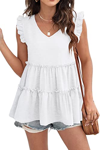 Summer White Tank Tops For Women V Neck Ruffle Sleeve Pleated Babydoll Tops Xxl #TOP11