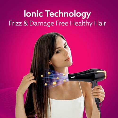 Image of AGARO HD-1130 2000 Watts Professional Hair Dryer with AC Copper Motor, Concentrator, Diffuser, Comb, Hot & Cold Air, 2 Speed 3 Temperature Settings with Cool Shot, For both Men & Women, Black