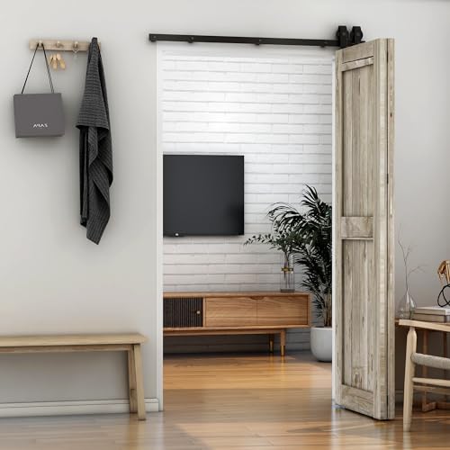 91CM/3FT Bifold Schiebetürbeschlag Schiebetürsystem Schiebetür Komplettset Schwarz für 2 Holztür 43cm Breit