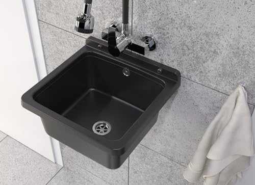 GRANITAN Lavandino da Esterno Moderno per Garage e Lavanderia - Lavatoio per Installazione Interna ed Esterna - Pilozzo da Esterno Giardino - 40x38x22,8 cm - Nero