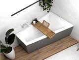 ECOLAM® Badkuip RITA 160x100 cm rechts trapeziumkuip hoekbad trapeziumvorm + bamboe plank + afvoer en overloop Alcaplast voeten siliconen set