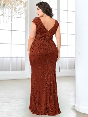 Image of Plus Size Womens Sequined Long Evening Gown Glamous Sleeveless V-Neck Mermaid Prom Dress for Wedding Party