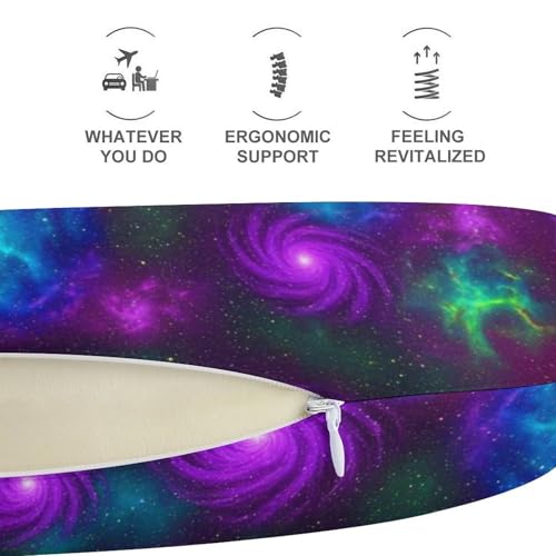 Image of Cute Travel Neck Pillow Green Purple Blue Clouds Galaxy Art Memory Foam U Shaped Cushion, Washable Cover for Boys Girls Airplane Car School Nap