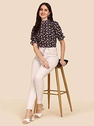 Image of Women's Casual Trendy Floral Top with Stylish Short Puffed Sleeves Western Ruffled Collar