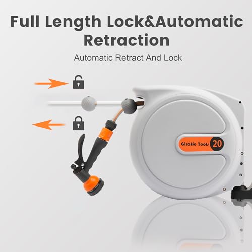 Giraffe Tools Wall Mounted Hose Reel 20+2m, Hose Pipe Reel Automatic Rewind with 7 in 1 Spray Gun and Swivel Bracket for Garden