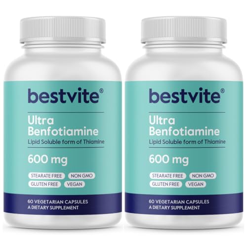 BESTVITE Ultra Benfotiamine 600mg per Capsule (120 Vegetarian Capsules) (60x2) No Stearates - No Silicon Dioxide - Vegan - Non GMO - Gluten Free - Maximum Strength Benfotiamine