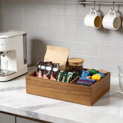 Image of ALELION Acacia Wood Coffee Station Organizer - Wooden Coffee Bar Accessories Organizer with Removable Dividers for Pods Condiment Syrup Tea Cups Stirrers - for Farmhouse Coutertop Decor