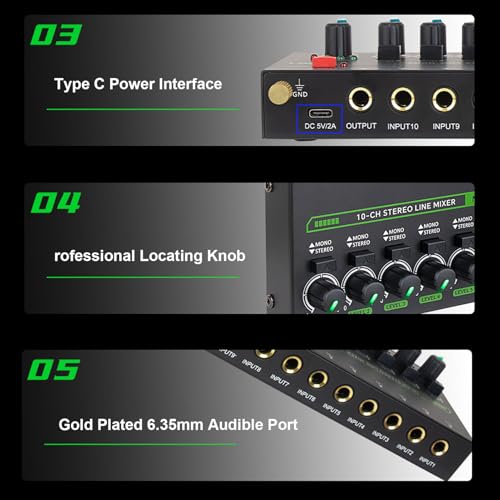Fafeicy Mezclador De Audio De 10 Canales Estéreo Mono Con Control Volumen Independiente Entrada Salida 6.35mm DC 5V (9damfeingo-12)