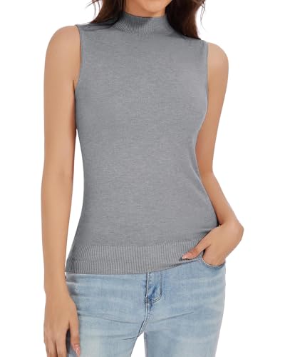 Image of Sleeveless Mock Neck Knit Tops for Women Slim Fit Turtleneck Sweater Vest Business Work Tank Pullover
