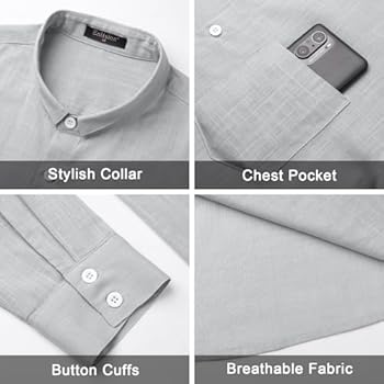 Enlision katoenen-linnen herenoverhemden met lange mouwen, casual Henley shirts met bandkraag, lichtgewicht effen zomer- en strandshirt met zak, verkrijgbaar in maat S tot 4XL, 4XL