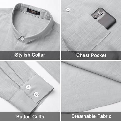 Enlision Camisa Lino Hombre Gris Claro Manga Larga Verano Camisas para Hombres Cuello Mao de Algodon Casual Henley Shirts Elegantes Playa Boda XL