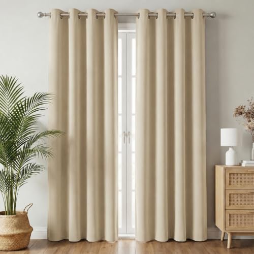 100% Blackout Window Curtains, 9 Feet, Solid Design, Faux Silk, Thermal Insulated, Noise Reducing Eyelet Door Curtain with Tie Back for Living Room & Bedroom, 115x274cm, Pack of 2 - Cream