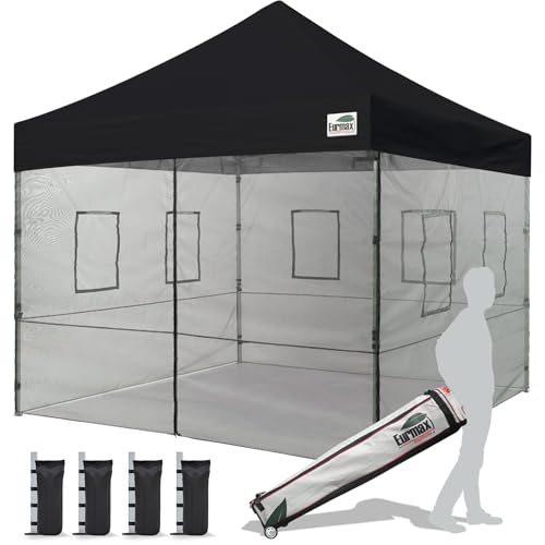 Eurmax USA 10'x10' Pop-up Canopy Tent Commercial Instant Canopies with 4 Removable Zipper End Food Service Wall kit and Roller Bag, Bonus 4 SandBags(Black)