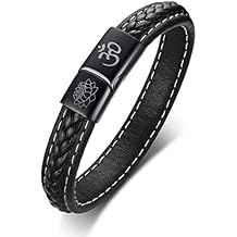 VNOX Hindu Buddhist SymbolLotus Aum OM Black Braided Leather Stainless Steel Cuff Wristband Bracelet