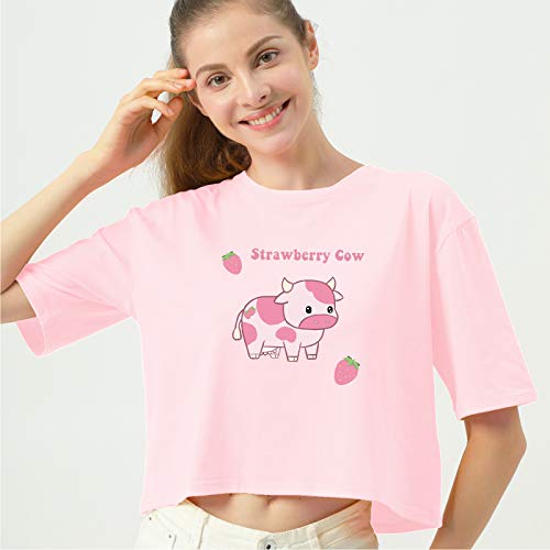 Image of KEEVICI Girls' Cute Strawberry Cow Print T Shirts Short Sleeve Crop Cotton Tops