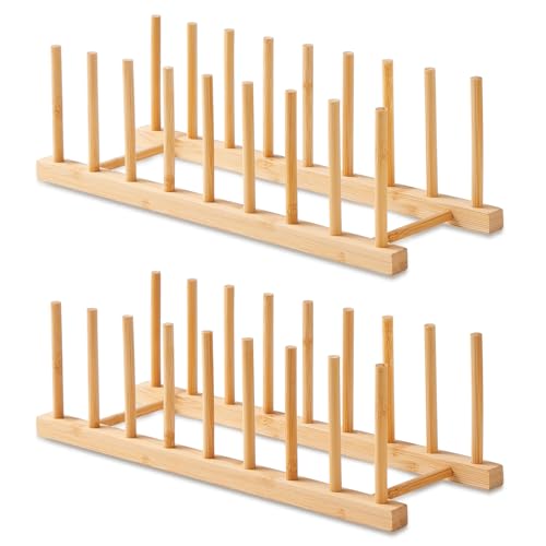 NOVAYEAH 2 Pack Bamboo Wooden Dish Rack-Plate Pot Lid Cutting Board Organizer Holder Rack for Cabinet-Kitchen Cabinet Organizer for Dish, Pots, Lids, Bowls, Bottles, Books, and Puzzle