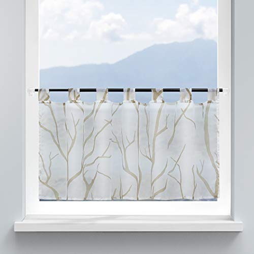 HongYa Rideau Brise Bise Transparent à Passants Impression de Branches Voilage de Petite Fenêtre Simple et Naturel 1 Pièce Blanc Sable H/L 45/90cm