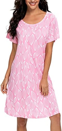 Tugege Women's Nightgown Short Sleeve Sleepshirts House Dress Sleepwear Casual Print Pajama (Pink Leaves, Medium)