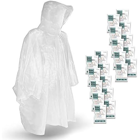 TORASO Rain Ponchos for Adults disposable - Clear Poncho with Hood for Men, Women and teens - Waterproof Emergency kit - One Size Fits All - for Concerts, Disneyland, Outdoors, Hiking, Camping-20 Pack Cover