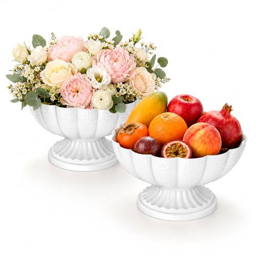 White Vases for Centerpieces, Set of 2 Metal Compote Vases, 7.28" Pedestal Flower Bowl for Wedding Table Centerpieces, Party Decor, Fruit Display & Home Decor