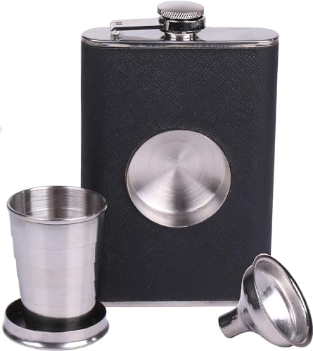 CNFLASK Black Shot Flask PU Leather 8oz Hip Flask With Built-in 2oz Collapsible Cup