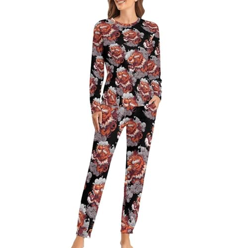 Tiger Spirit - Conjunto de pijama de manga larga para mujer, ropa de dormir suave con bolsillos, Estilo:, S