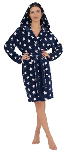 Brandsseller Damen Bademantel mit Sternen (L/XL, Navy/Weiß)
