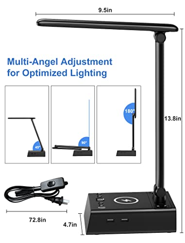 Led Desk Lamps With 15W Wireless Charger, 2 Usb Charging Ports, 2 Outlets, 3 Brightness Level, Alarm Clock, Dimmable Eye Caring Reading Desk Light For Home Office Dorm, Touch Control Table Lamp, Black #TOP6