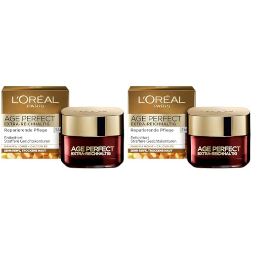 L'Oréal Paris Tagespflege, Age Perfect Extra-Reichhaltig, Anti-Aging Gesichtspflege, Entknittern und Straffen, Für sehr reife und trockene Haut, Mit Manuka Honig und Calcium B5, 50ml (Packung mit 2)