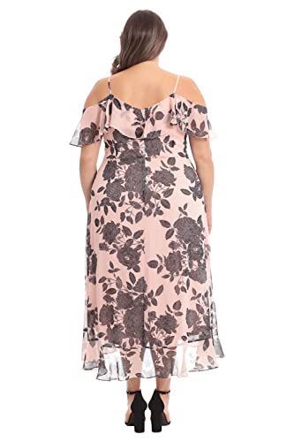 London Times Women's Petite Cold Shoulder Hi-Low Maxi Dress With Feminine Ruffle Occasion Guest Of Mother Of The Bride, Blush/Black #TOP6