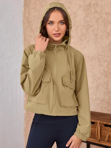 Tankaneo Womens Cropped Military Jackets Hooded Long Sleeve Zipper Anorak Coat with Pockets — view 4