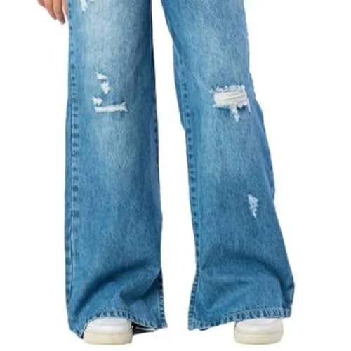 Calça Wide Leg Jeans Juvenil Feminina Pantalona Criança Tamanho:14;Cor:Azul