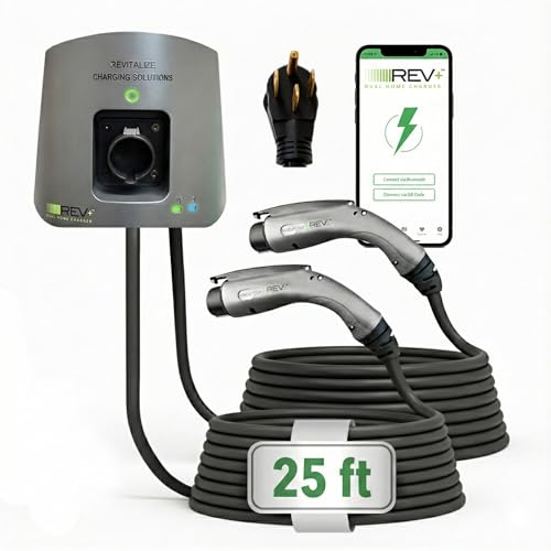 REV+ Dual Port Level 2 EV Charger 50 Amps, 12 kW Power, NEMA 14-50, 240V Smart Electric Vehicle Charger, Wi-Fi & Bluetooth with App Control, UL Certified, Made in USA (25ft Cable)