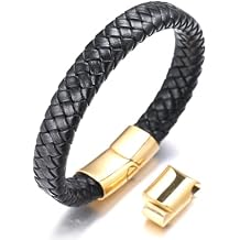 Halukakah Solo Mens Genuine Black/Brown Leather Bracelet Classic Style Gold/Silver/Black Titanium Clasp with Magnets Size Adjustable 8.5"-9"21.5-23cm with Free Giftbox