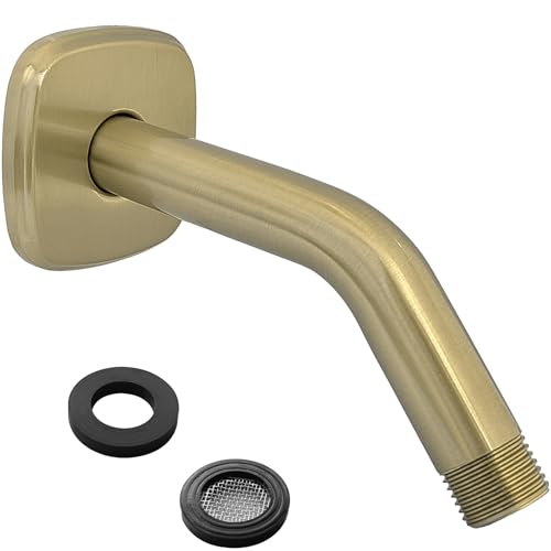 HOMYEP Brushed Gold Angled Shower Arm with Flange Wall Mounted Male NPT 1/2 Inch Gold Extension Arm for Fixed Rainfall and Handheld Shower Head, 6 Inch