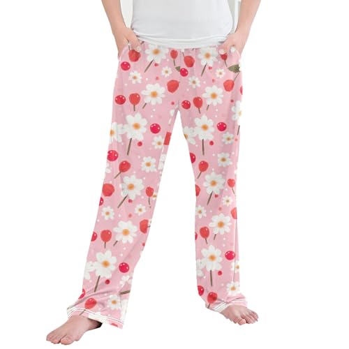 Daisy Flower Cherry Long Pajama Pants Elastic Waist PJ Bottoms with Pockets S A110824