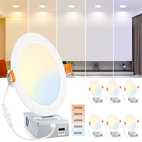 BesLowe 6 Packs 6 Inch 5CCT LED Recessed Ceiling Lights Ultra-Thin with Junction Box, 12W 150W Eqv, 3000K/3500K/4000K/5000K/6500K, 1200LM Dimmable Canless Downlights for Kitchen Hallway Dining Room by BesLowe - Used condition - US$34.15