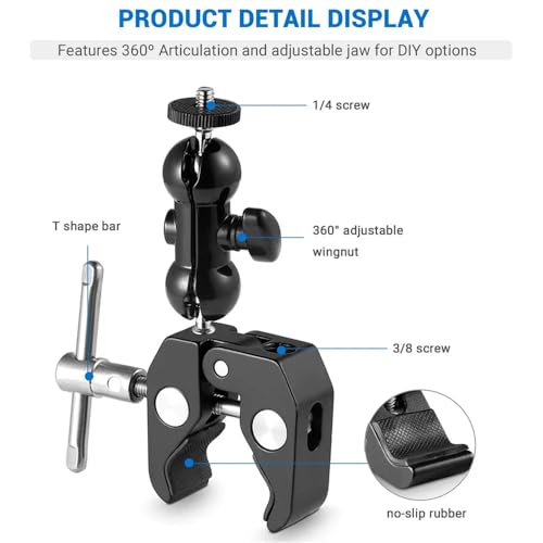 Image of Super Camera Clamp Mount for Bike, Screen Monitor & Action Camera with 360 Degree Ball Head Magic arm Accessories 1 /4 inch and 3 /8 inch for Canon Nikon DSLR Camera /Go pro /LED Lights (Only Mount)
